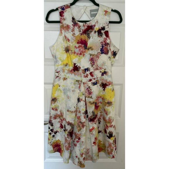 Hunter Bell NY Abstract Floral Pleated Dress Sz 8 Fit & Flare Open Back 38” Long - Picture 1 of 9